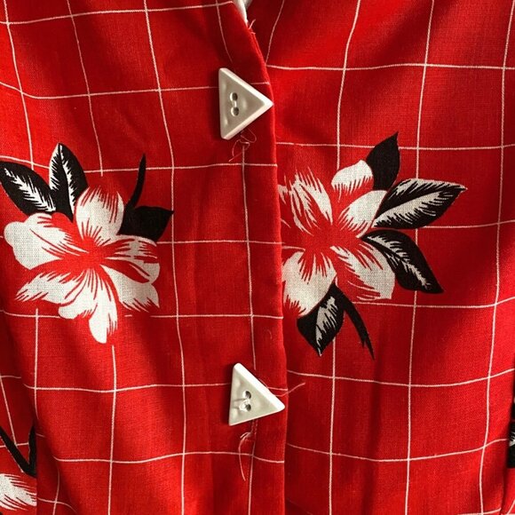 Vintage retro style midi dress floral and checkered print vibrant red - Picture 5 of 15